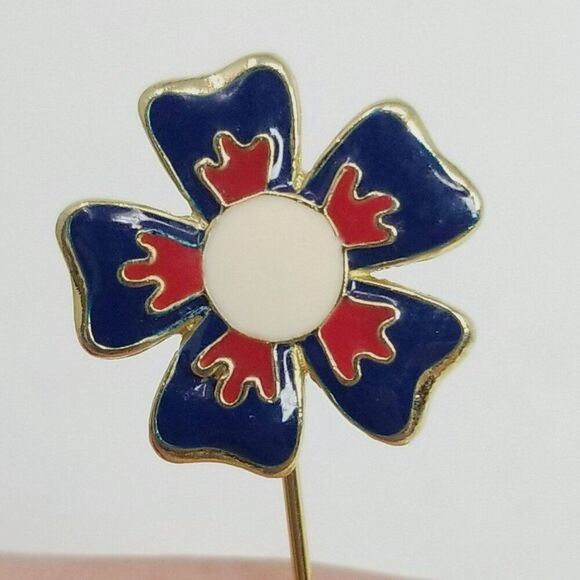 Vintage Red White Blue Enamel Flower Stick Pin, Floral Brooch, Estate - Picture 6 of 8
